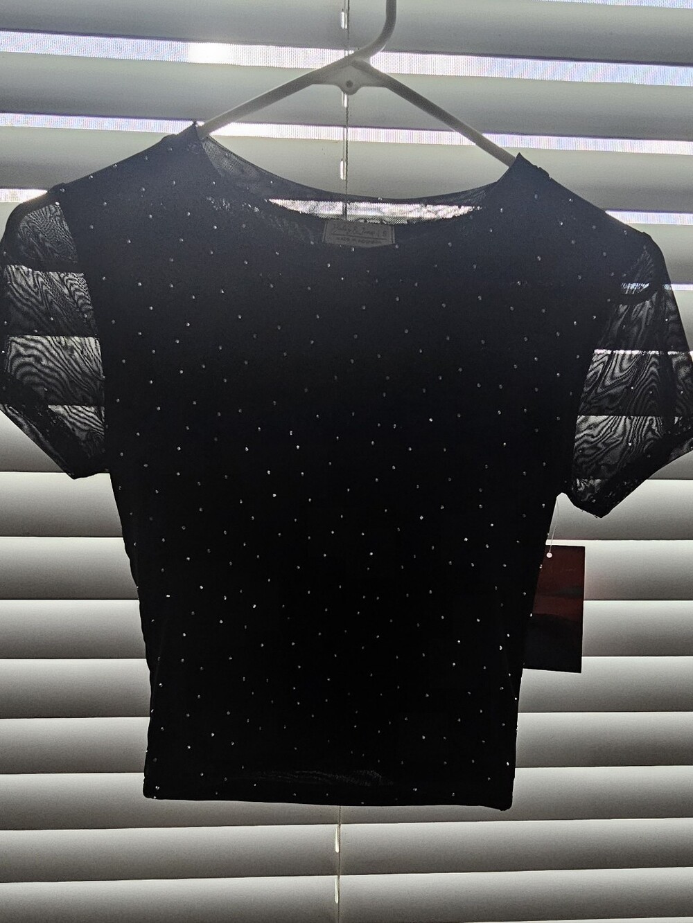 Women's Black Short-Sleeve Sheer Tee with Rhinestone Accents